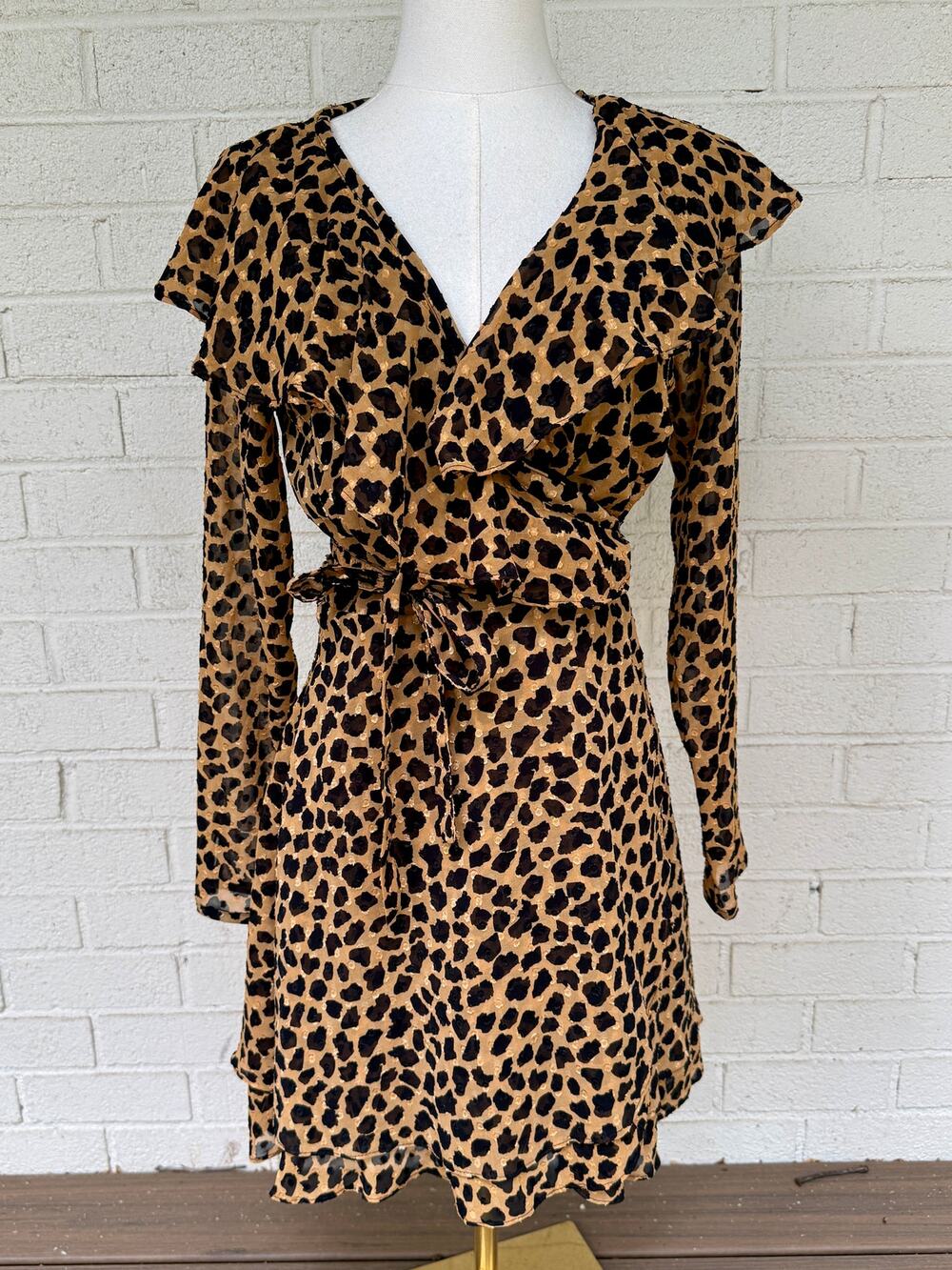Free People Frenchie Mini Wrap Dress Size S Leopard Animal Print Chiffon Ruffle